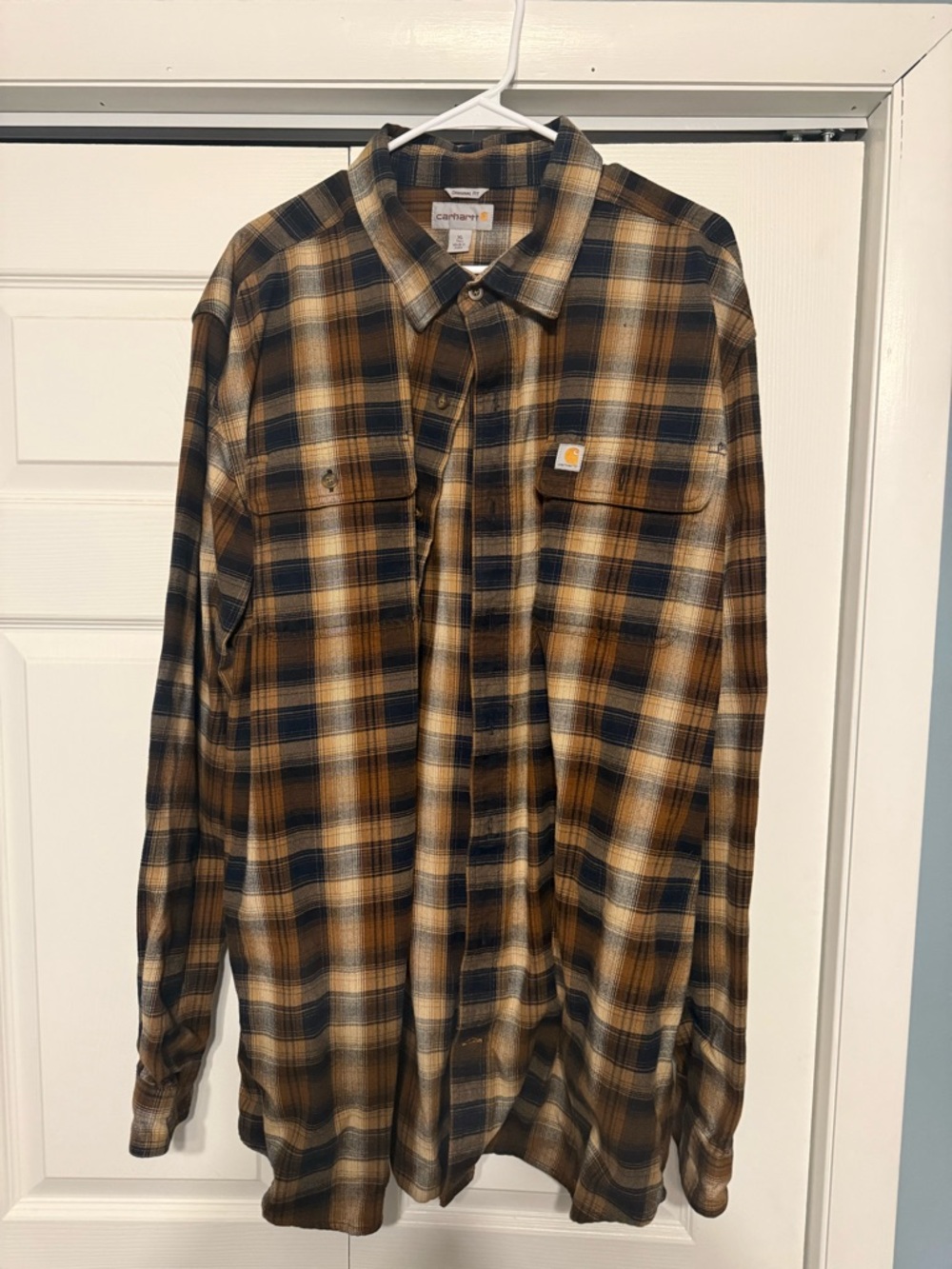 Carhartt Men's Brown and Black Plaid Button-Down Work Shirt